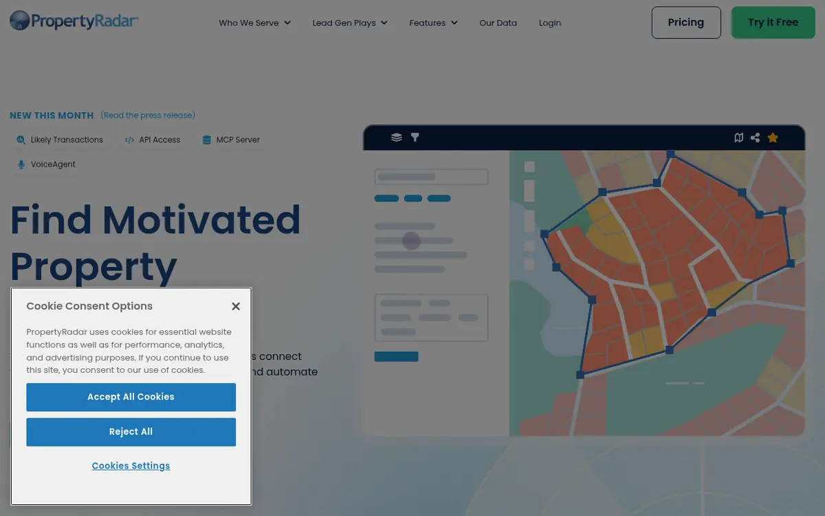 PropertyRadar homepage screenshot
